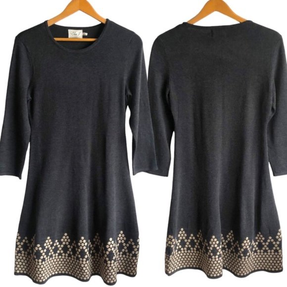 Eliza J Three-Quarter Sleeve Printed Fit-&-Flare Dress Small Gray - Picture 1 of 11